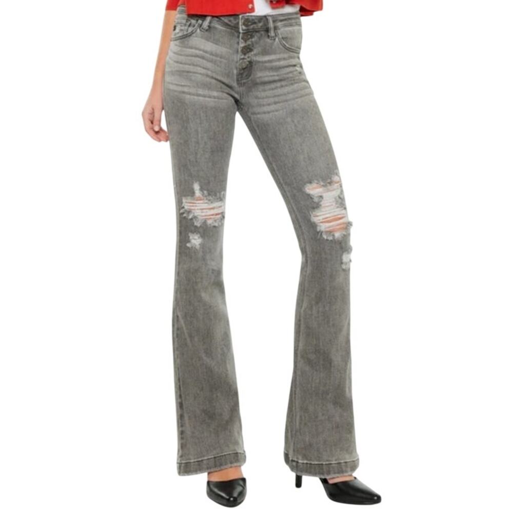 Kancan Harlo mid rise Flare jeans gray ripped boho western 25 stretch